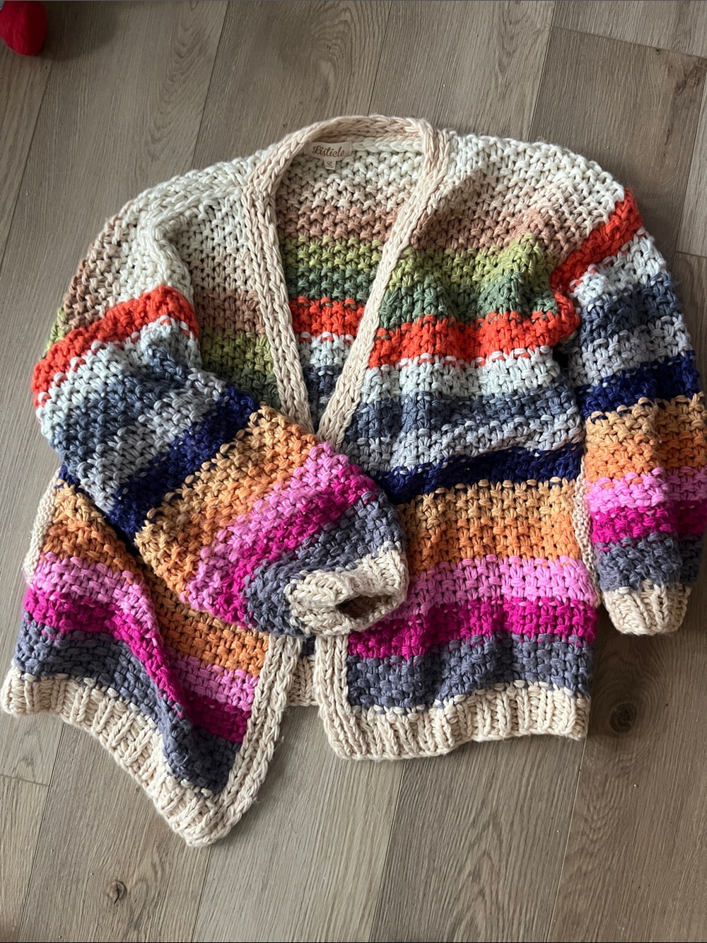 Chunky Multicolor Stripe Women's Cardigan Sweater - Cream Trim